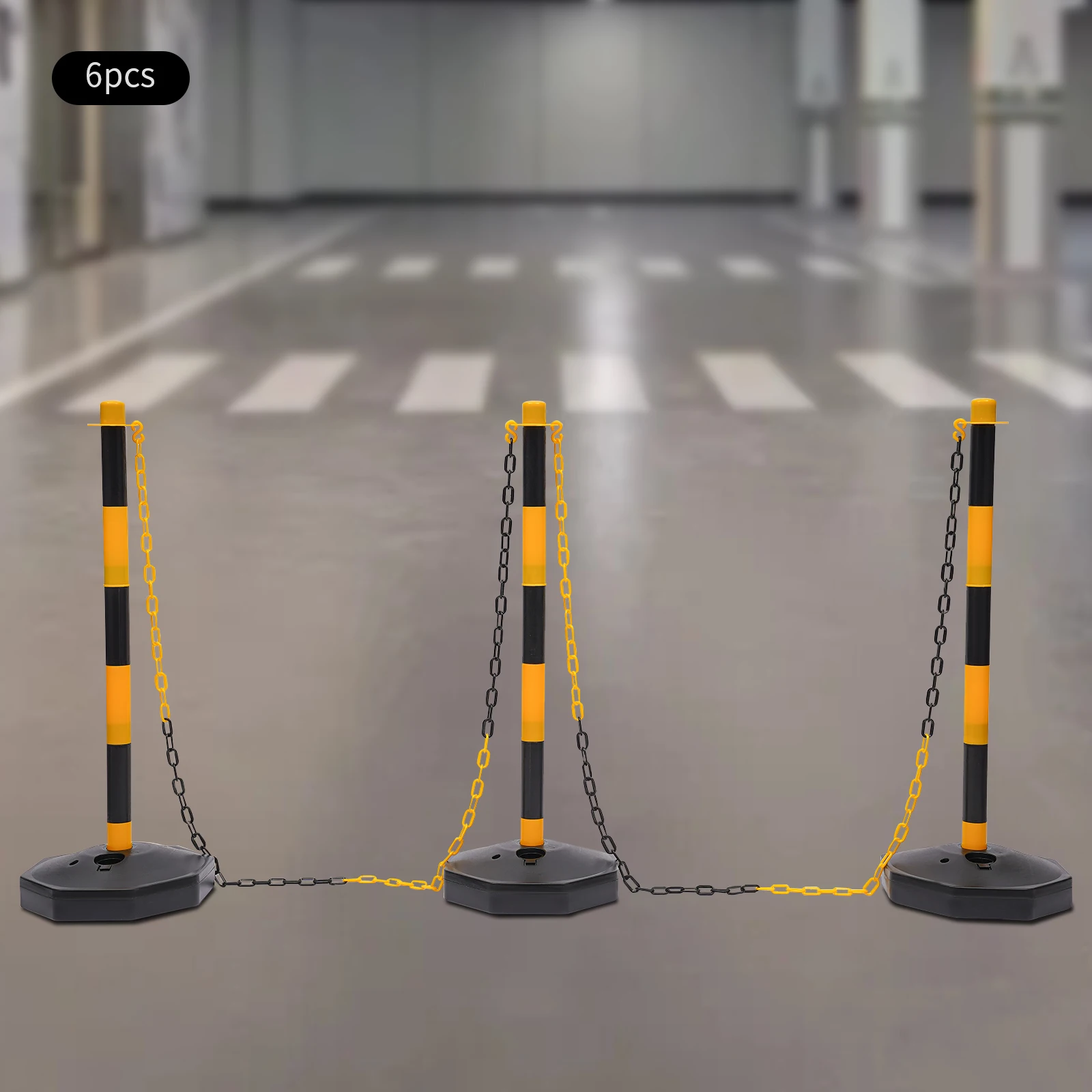 6 Pack Yellow Black Traffic Cones Fillable Base Delineator Post,Street Stanchions Construction Barrier Parking Chain Railing