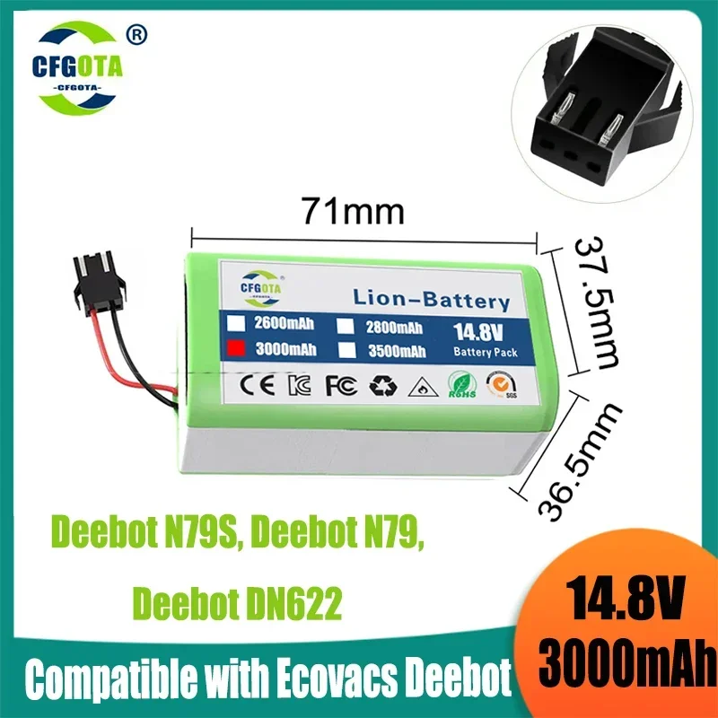 

14.4V 3000mAh Li-ion Battery for Conga Excellence 950 990 1090 1790 1990 Deebot N79S N79 DN622 Eufy Robovac 11S 12 X500