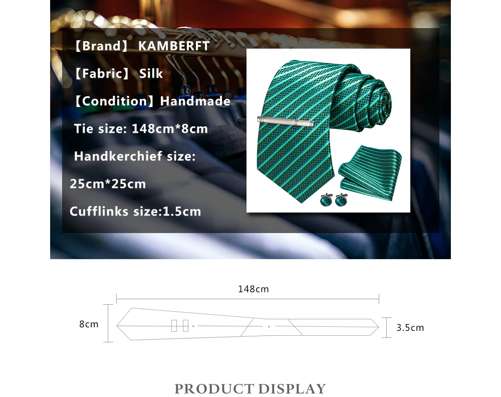8cm Seidenkrawatten für Herren, grün-schwarze Krawatten, kariert, gestreift, Krawatten-Set mit Einstecktuch, Manschettenknöpfen und Krawattenklammern, für Hochzeit, Business, Party. – Detail 2