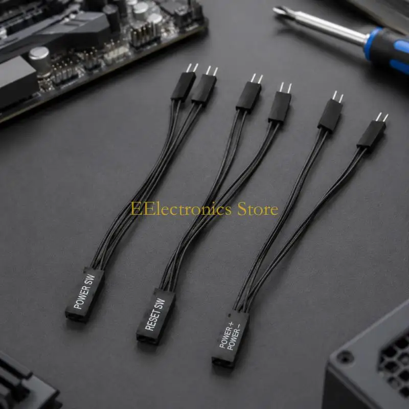 B03C PC Case Front Panel Splitter Cables with Function Text, 2-Pin One-to-Two Layout for Power Button, Reboot Button, and LED