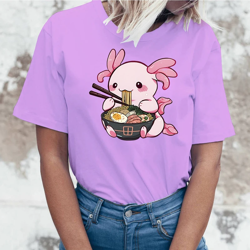 

New Fashion O Neck Tops Axolotl Eat Noodles Printing Shirt Short Sleeve T Shirt Casual Shirt Summer T Shirts