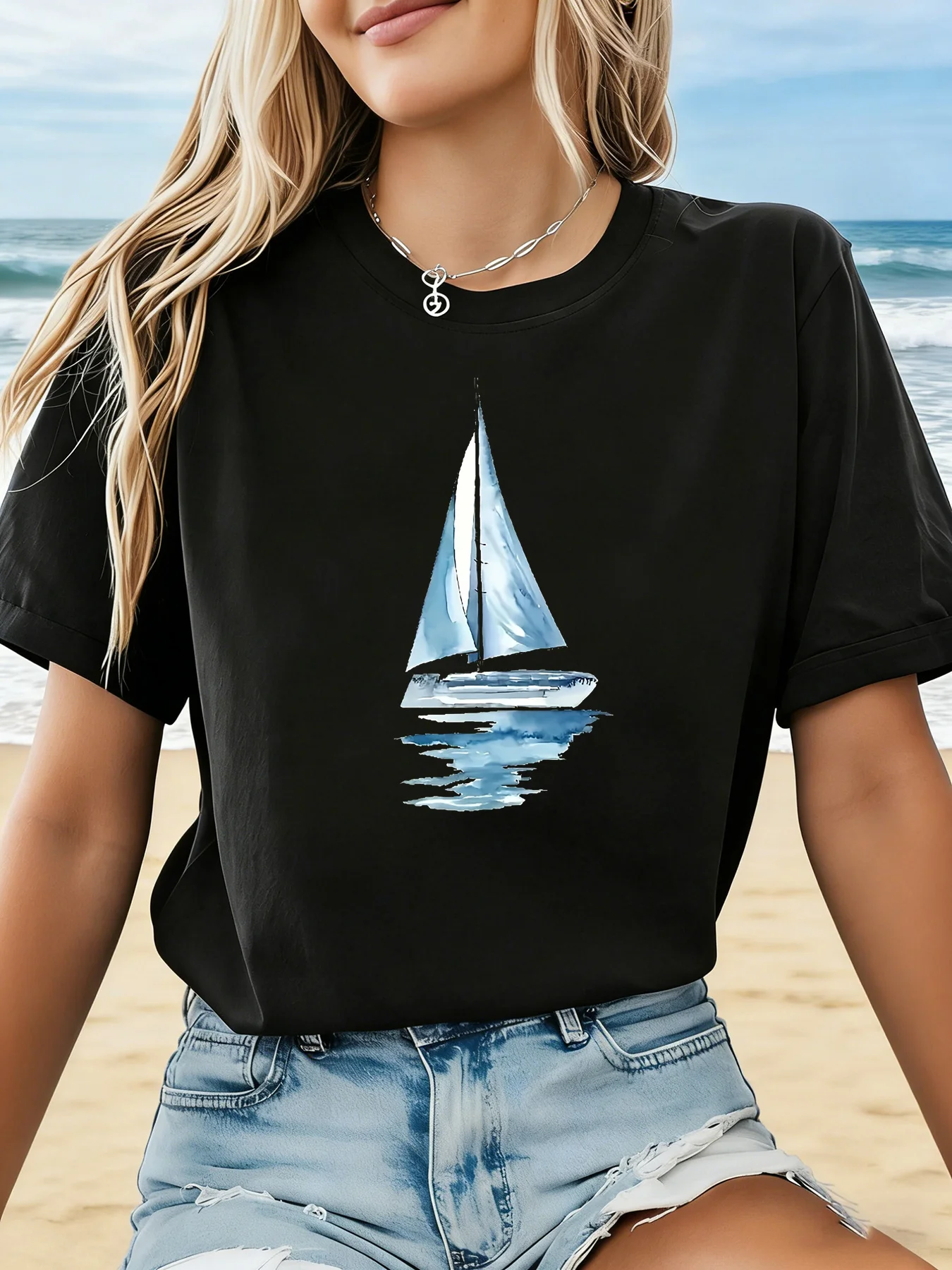 Watercolor-style Sailing Boat Graphic Print Women's T-shirt Short Sleeve Crew Neck Casual Top for Summer Spring Women's Clothing