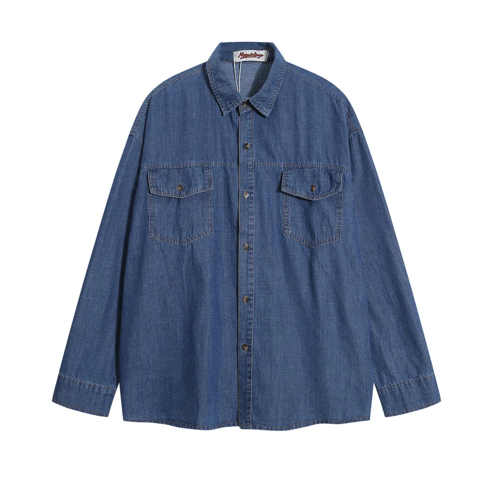 

Men's Workwear Denim Shirt With Patch Pocket, Utility Solid Color Mans Jeans Shirts, Oversized Long Sleeve Tops