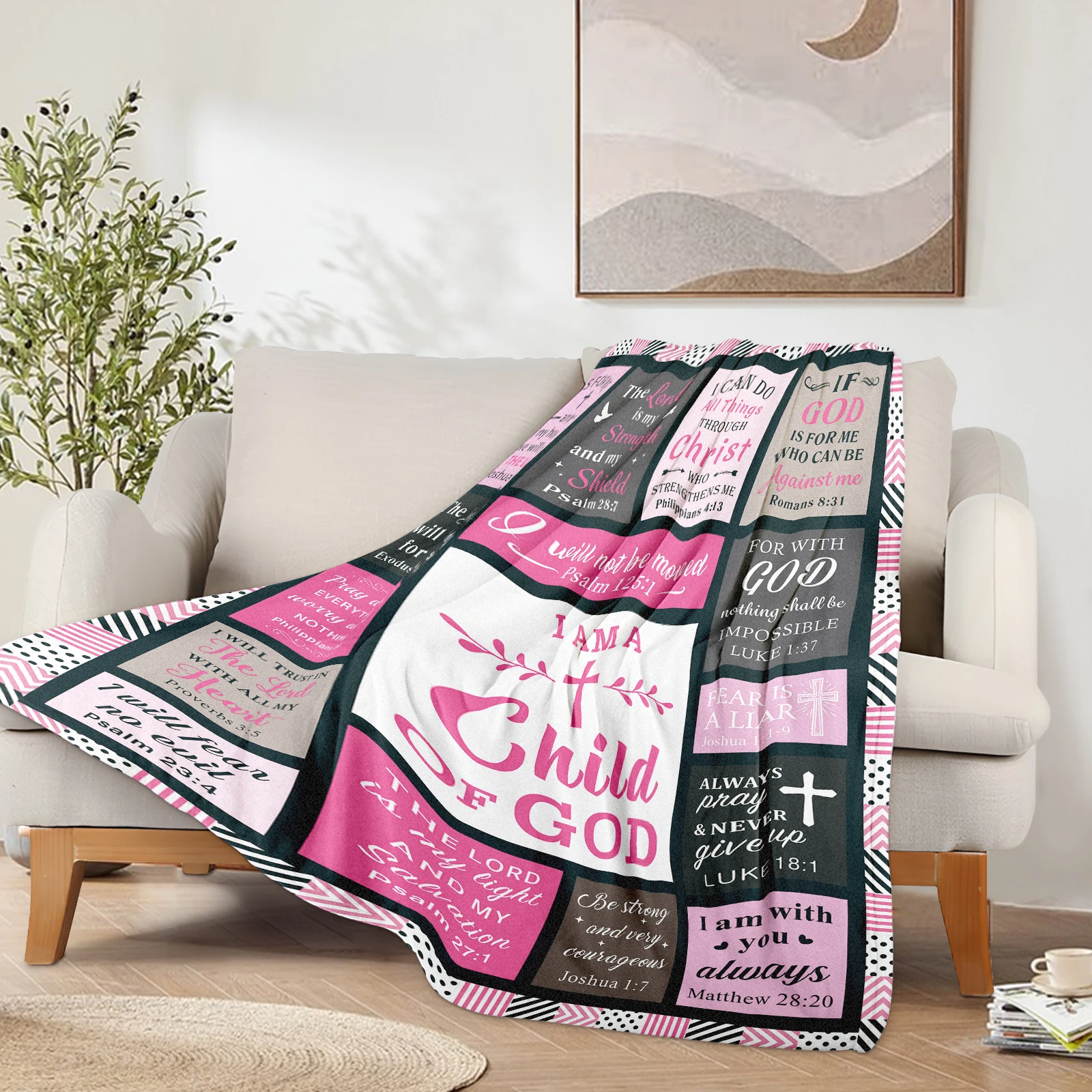 Cozy flannel blanket featuring pink and black checks with religious quotes to nurture children s faith and warmth