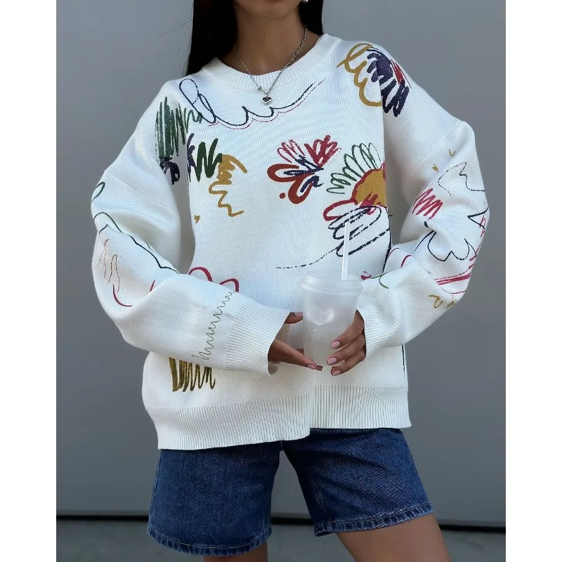 Damski sweter żakardowy w nowym, niszowym kolorze na jesień 2025, okrągły dekolt, dzianinowy pulower, odzież damska.