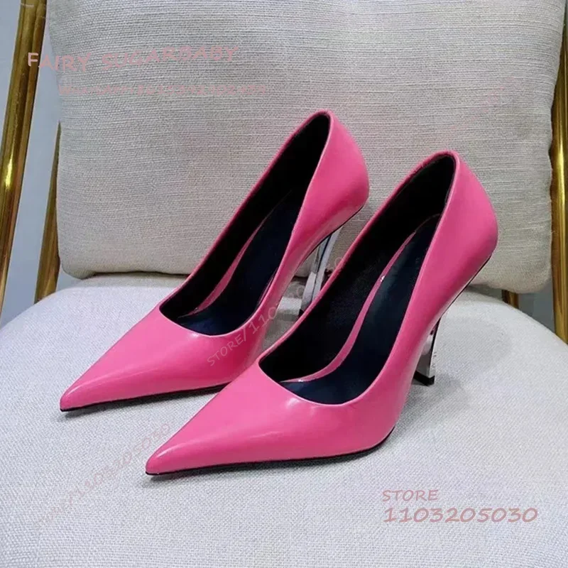 Womens Dress Pumps Pink Girls Silver Stilettos Metal Pointed Heels White Leather Red Sexy Dinner Party Dress Shoes Women Autumn