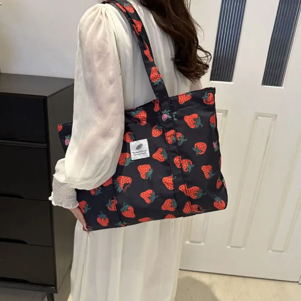 

Strawberry Cherry Tote Bag Printing Korean Style Large Capacity Shopping Bag Underarm Bag Aesthetic Nylon Handbag Shopping