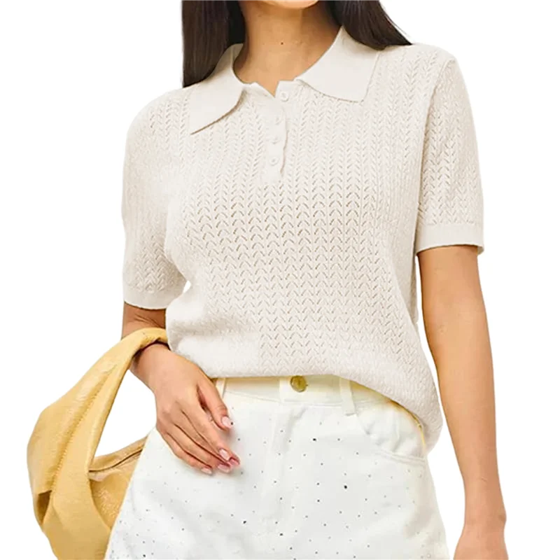 

CYL-Women Hollow Knitted Polo-Shirt Casual Short Sleeve Loose Lapel Solid Color Top