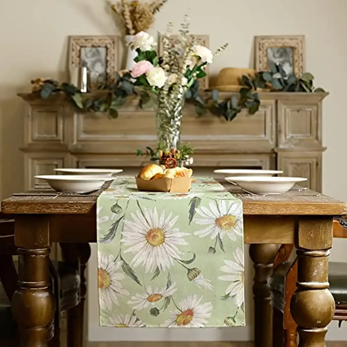 Daisy Green Spring Table Runner Summer Farmhouse Rustic Holiday Kitchen Dining  Cloth Decoration  Cover Party Decor