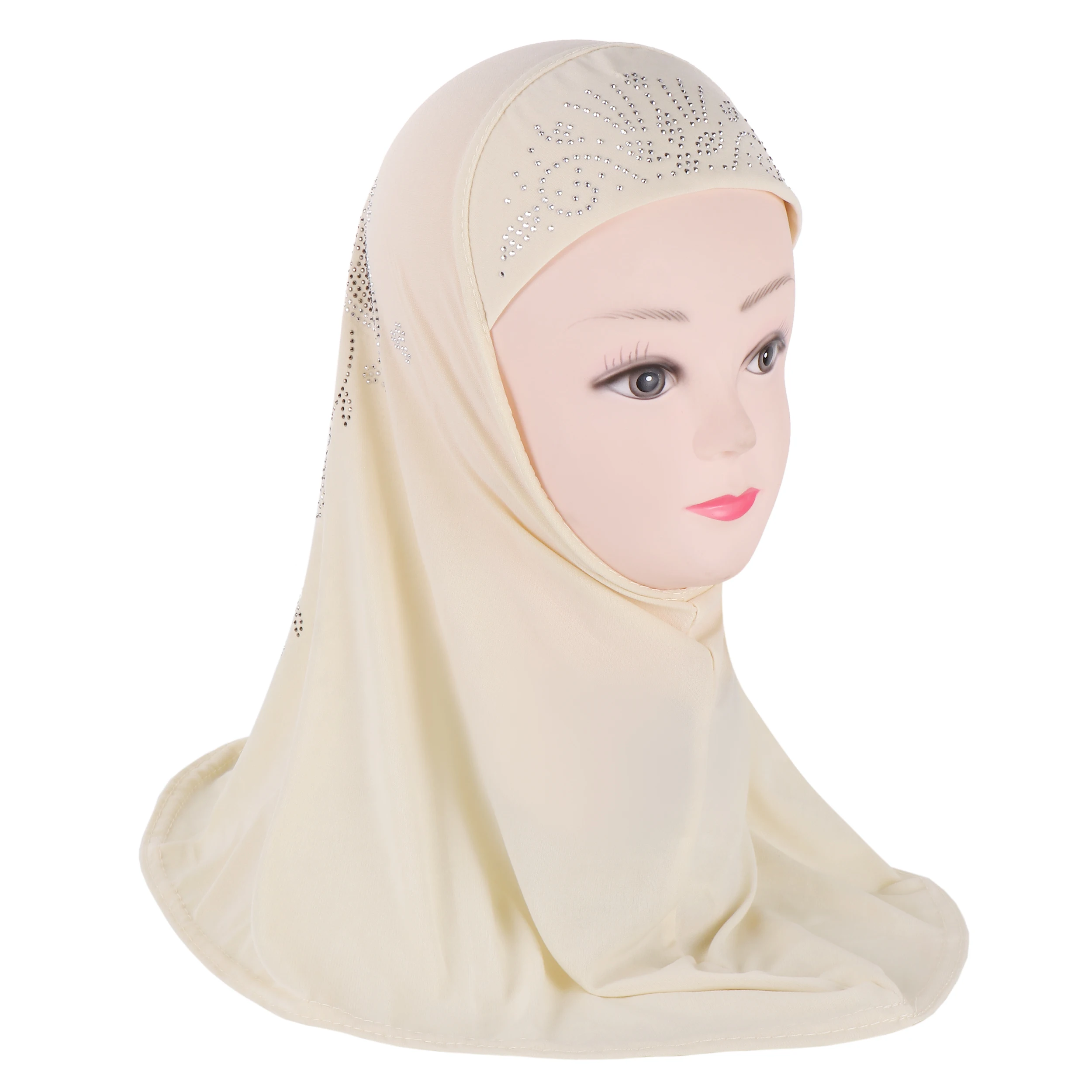 Girls Instant Hijab Scarf Muslim Bonnet Hijab Headscarf Solid Handmade Lovely Rhinestone Head Wrap Turban for 3-7 Years Kids