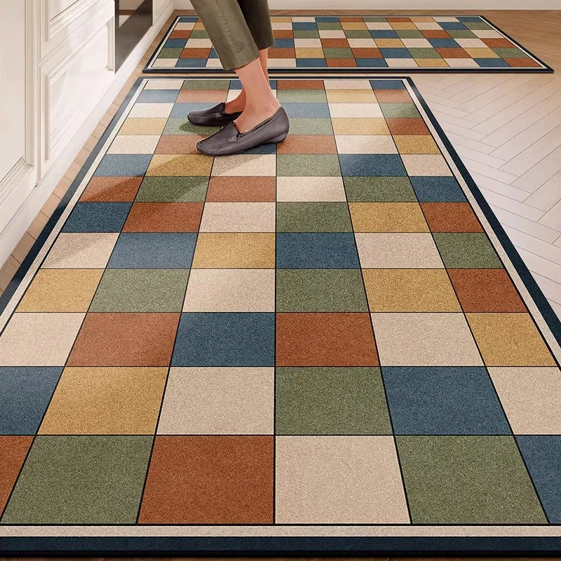 Carpet for Kitchen Waterproof Floor Mat American Retro Geometric Carpets Pvc Leather Foot Mats Long Rug Home Decoration Rugs