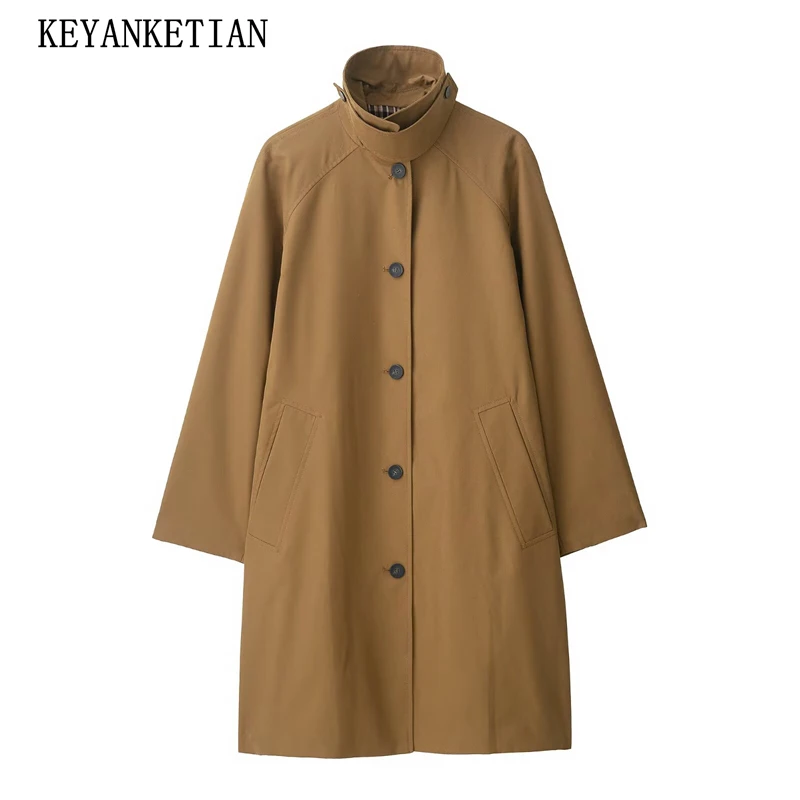

KEYANKETIAN 2025 Autumn New Women Plaid Patchwork Mid-length Trench Coat Retro style Turn Down Collar Single Breasted Outerwear