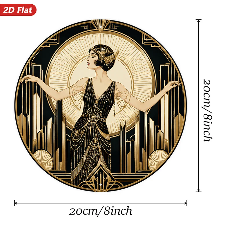 2D Flat, 1pc Art Deco Flapper Round Metal Sign Wall Art, Elegant Flapper Woman, Black Golden Palette,
