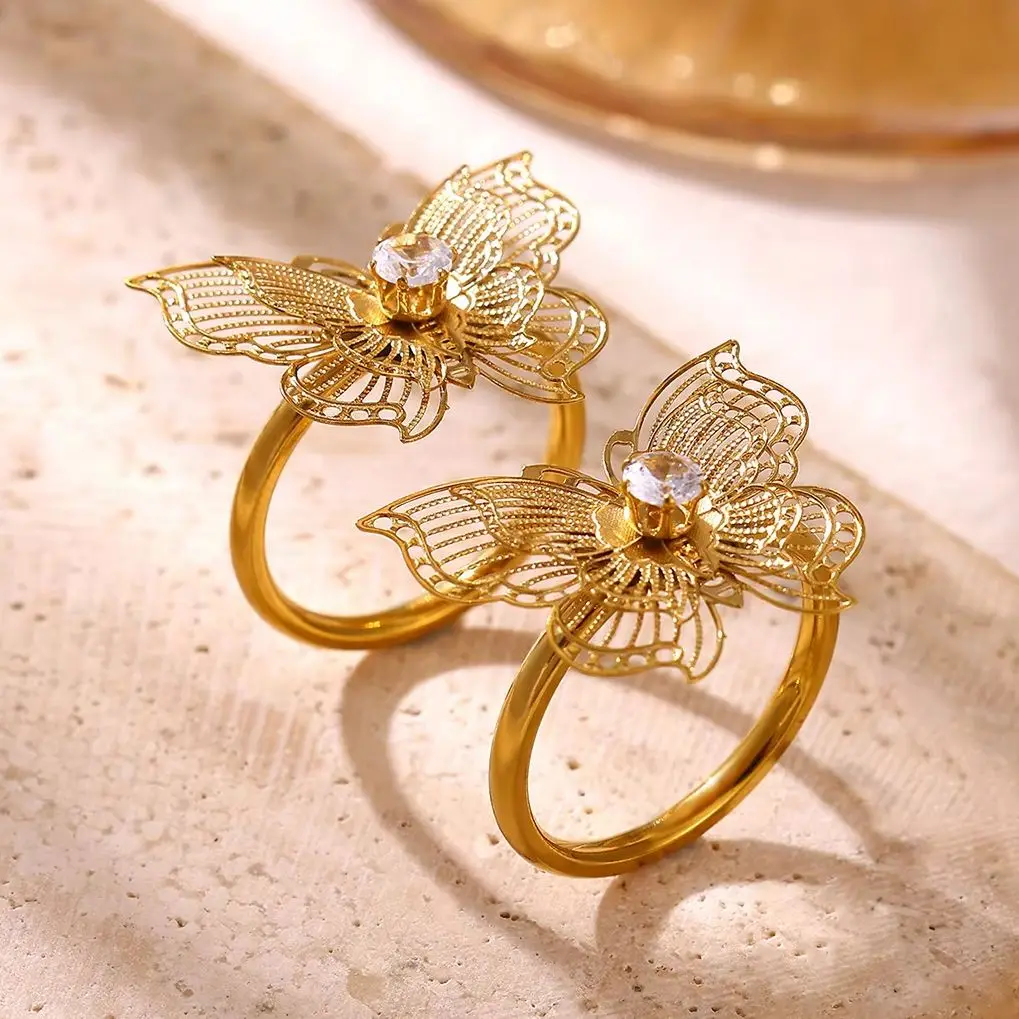 Edelstahl Hohle Schmetterlingsringe für Frauen, Goldfarben, Luxus, Größe 7/8, Zirkonring, Klassischer Hochzeitsschmuck, Geschenke für Partys