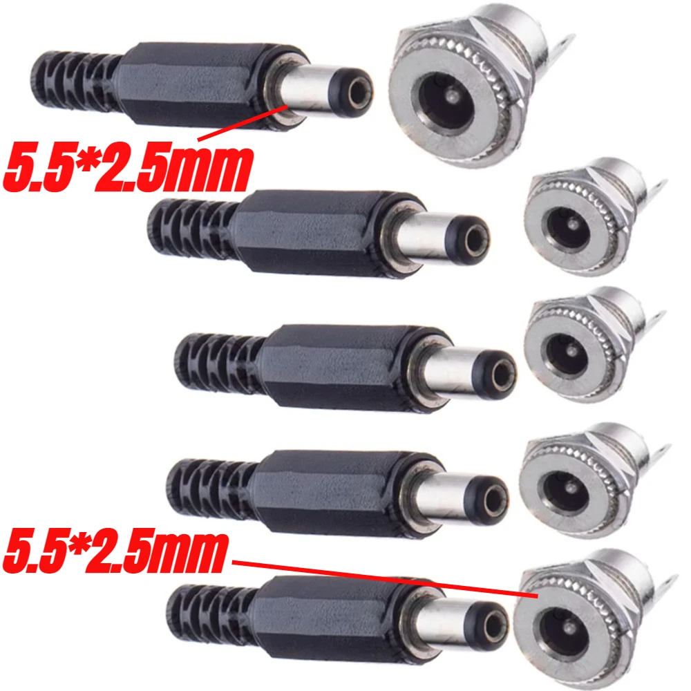 5Pair 5.5x2.1mm 5.5x2.5mm DC Power Plug Male Female Jack Socket Nut Panel Mount DC Power Adapter Connector DC099 DC-099