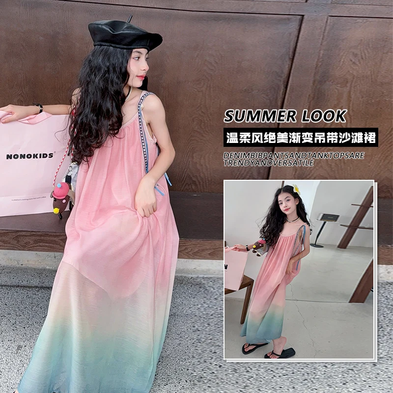 

Girls Summer Gradient Color Loose Sling Dress Pink Blue Chiffon Loose-Fit Spaghetti Strap Casual Beach Long Dress Ankle-Length
