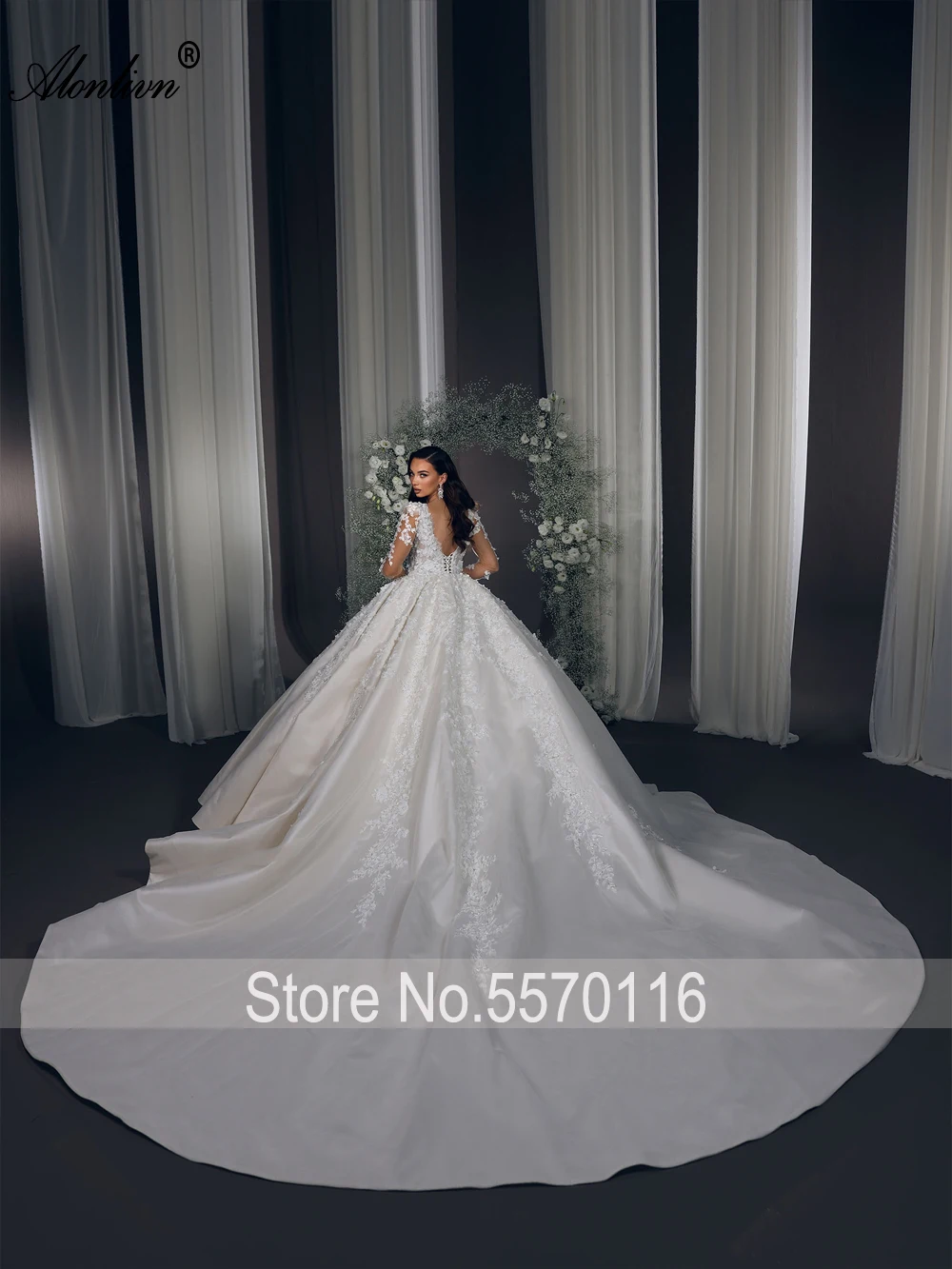 Alonlivn Luxury Satin Full Sleeves Ball Gown Wedding Dresses Beading Pearls 3D Appliques Lace Princess Bridal Gowns