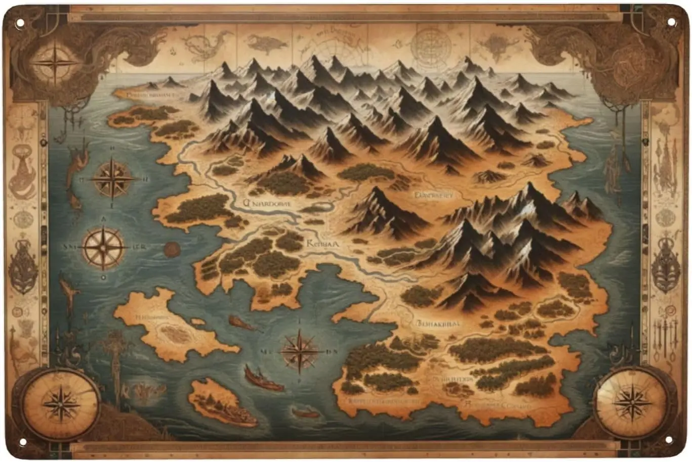 Old World Mythical Map Metal Tin Sign A Nostalgic and Detailed Map of Fantastical Realms for Wall Art Enthusiasts 12x8inch  sign