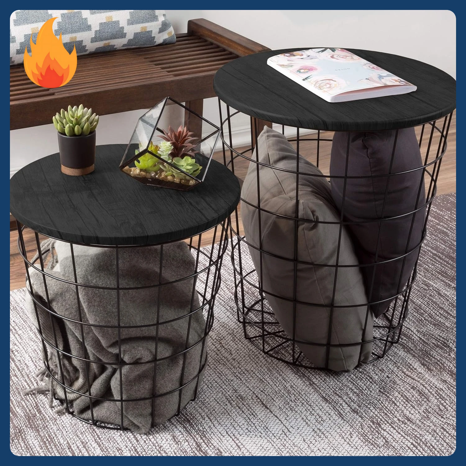 

[New Arrival!]End Tables Set of 2 - Nesting Tables with Removable Wood Tops and Metal Basket Bases for Blanket Storage - Round S