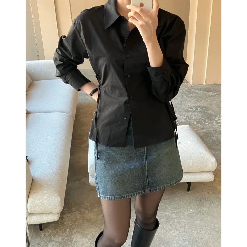 2024 Spring Autumn New Women\'s Blouse Solid Color Polo-Neck Button Fashion All-match Slim Tie Up with Long Sleeve Shirt Tops