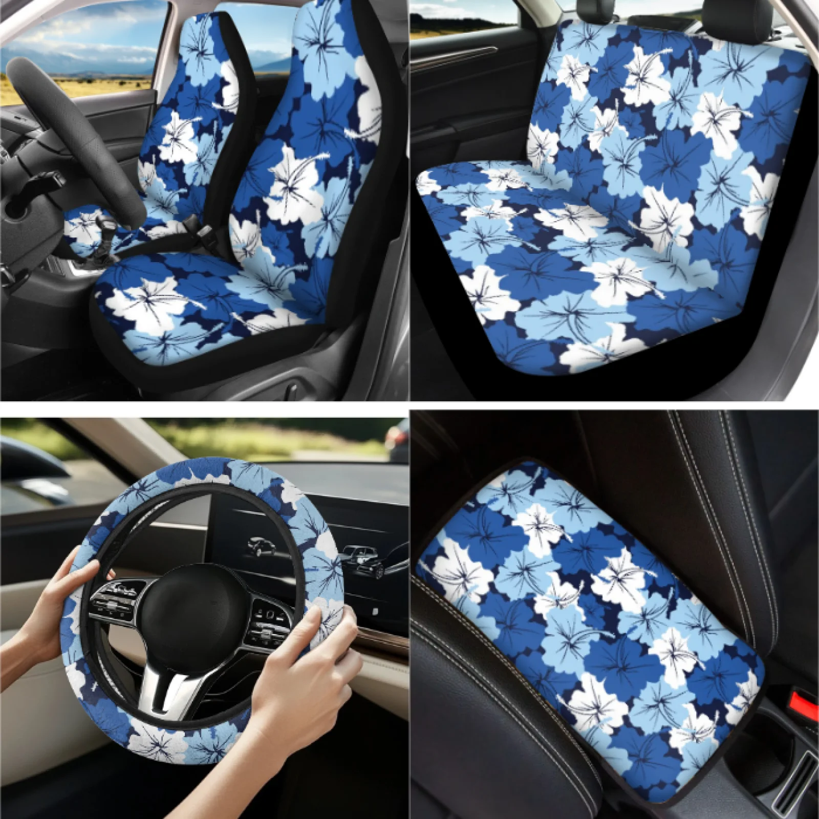 Coloranimal Blue Floral Print 13-Piece Car Interior Set with Breathable Car Steering Wheel Cover and Keychain for Auto Interior