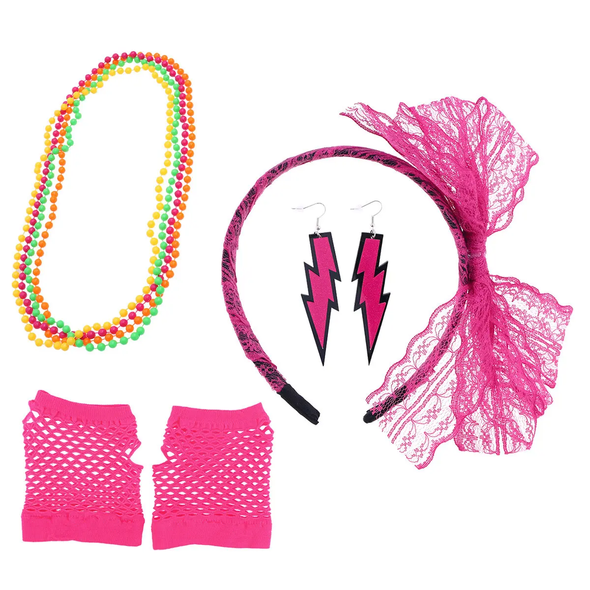 80S Style Costume Accessories Wide Lace Headband Bright Fishnet Gloves Ear Hook Earrings Matching Necklace for Cosplay