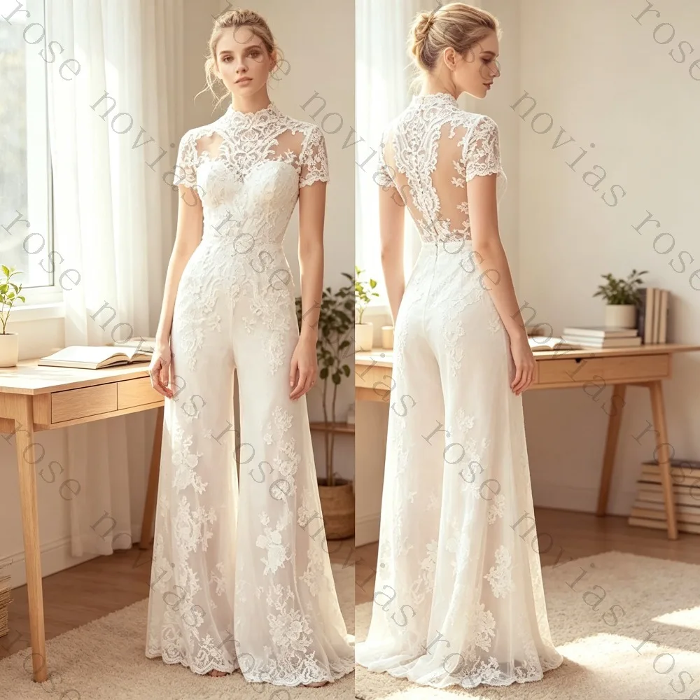 Customized Lace Jumpsuit Wedding Dress High Neck Short Sleeve Illusion Bodice Wide Leg Bridal Pantsuit for Garden Beach Ceremony