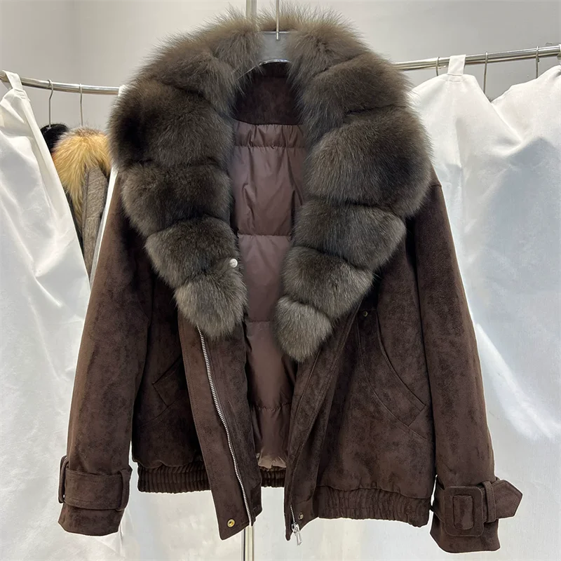 women's down jacket New winter 2026 detachable fox fur collar warm thick coat duck down filled Imitation suede puffer jacket y2k