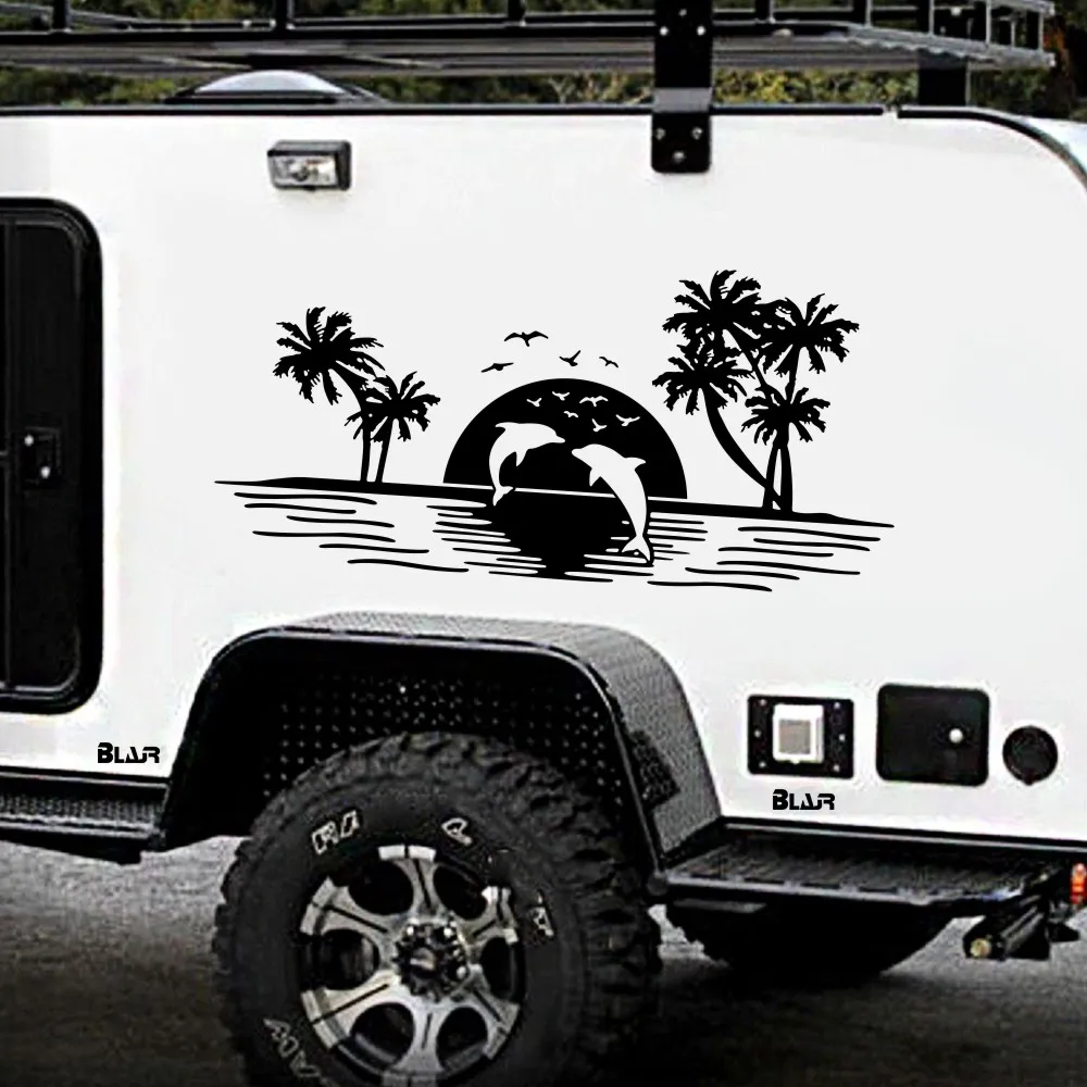 Dolphins Swimming Coconut Graphics Car Sticker Diy Adornment Modelling The Rv Caravan Pickup Truck Camper Vinyl Accessories