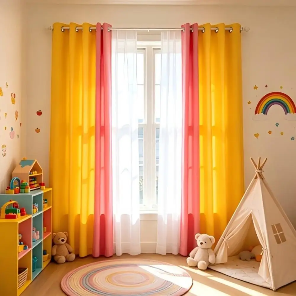 200066     Children's room lemon yellow strawberry powder splicing curtain