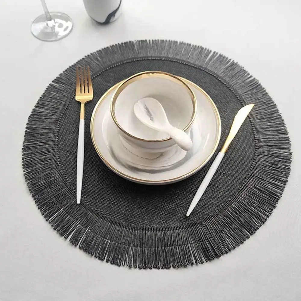 1Pcs Jute Linen Placemat Simple Fringe Round Shape Table Mat Heat Insulation Non-slip Coaster Mat