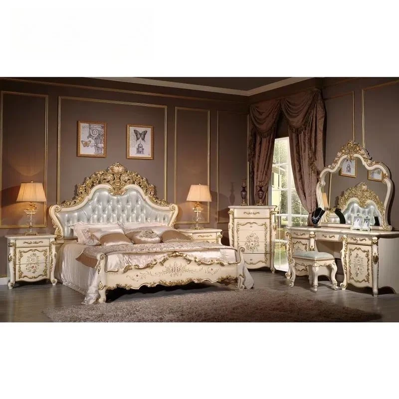 Rococo Bedroom Furniture Set Gold Plated Wood King Bed Perforated Engraved Dresser Nightstand Luxury Classic Home Decor
