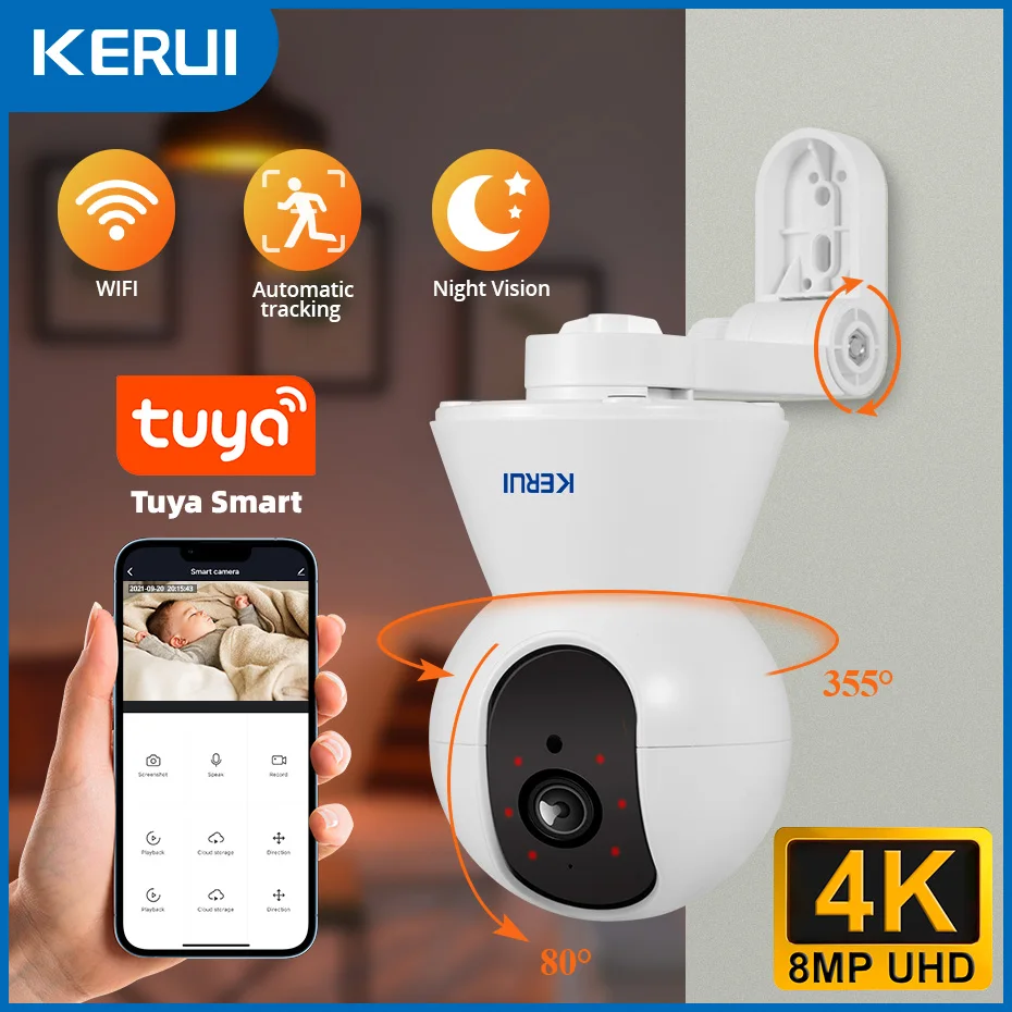 kerui indoor 4k hd tuya inteligente wifi camera ip sem fio 5mp 8mp camera de vigilancia cctv de seguranca em casa com suportes montados lateralmente 01