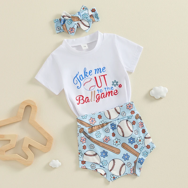 T-shirt à Manches Courtes et Col Ras du Cou pour Bébé Fille, Tenue de Baseball avec Lettres Imprimées, Bandeau de Sauna Court pour Nouveau-Né, 3 Pièces