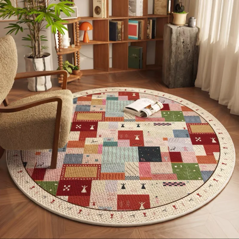 

Colorful Patchwork Round Rug. Each square features cute patterns like animals. Ideal for adding a vibrant touch to living rooms