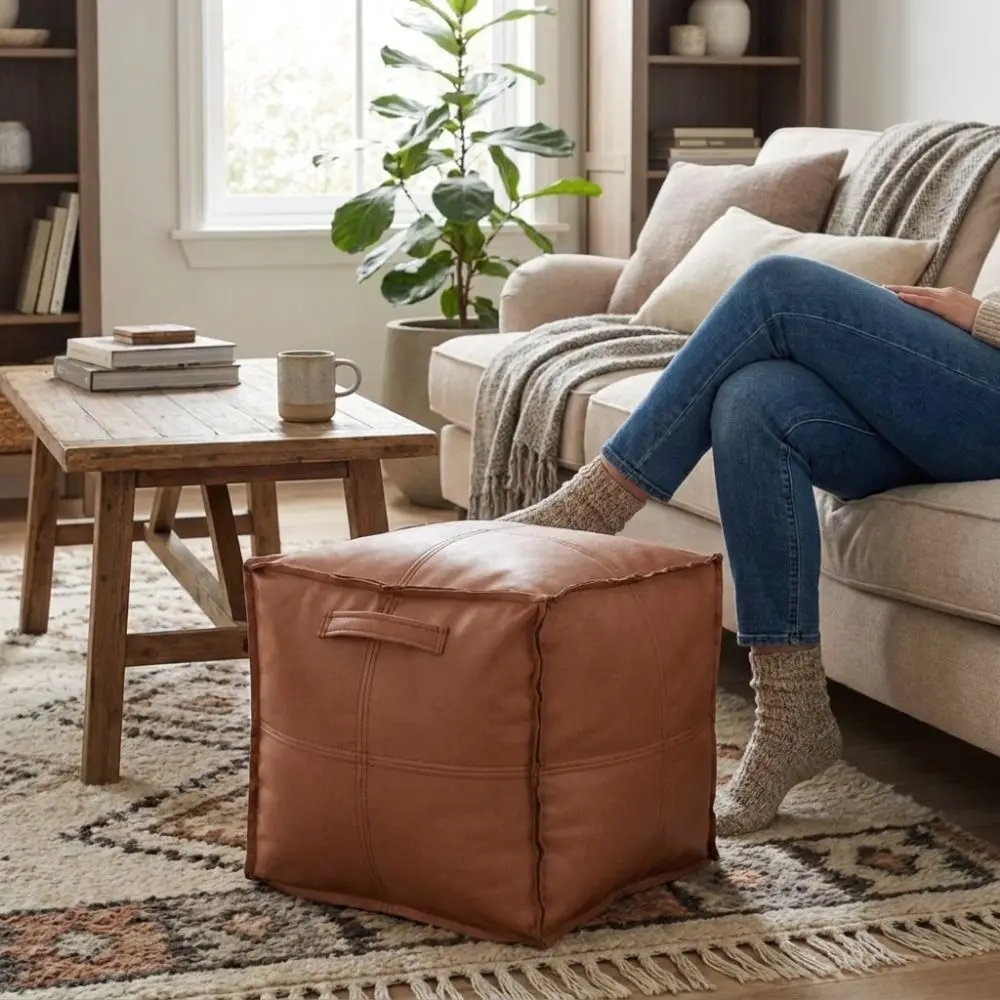 PU Leather Square Pouf Cover Waterproof Unstuffed Sofa Footstool Cover with Handle Removable Storage Bag Meditation