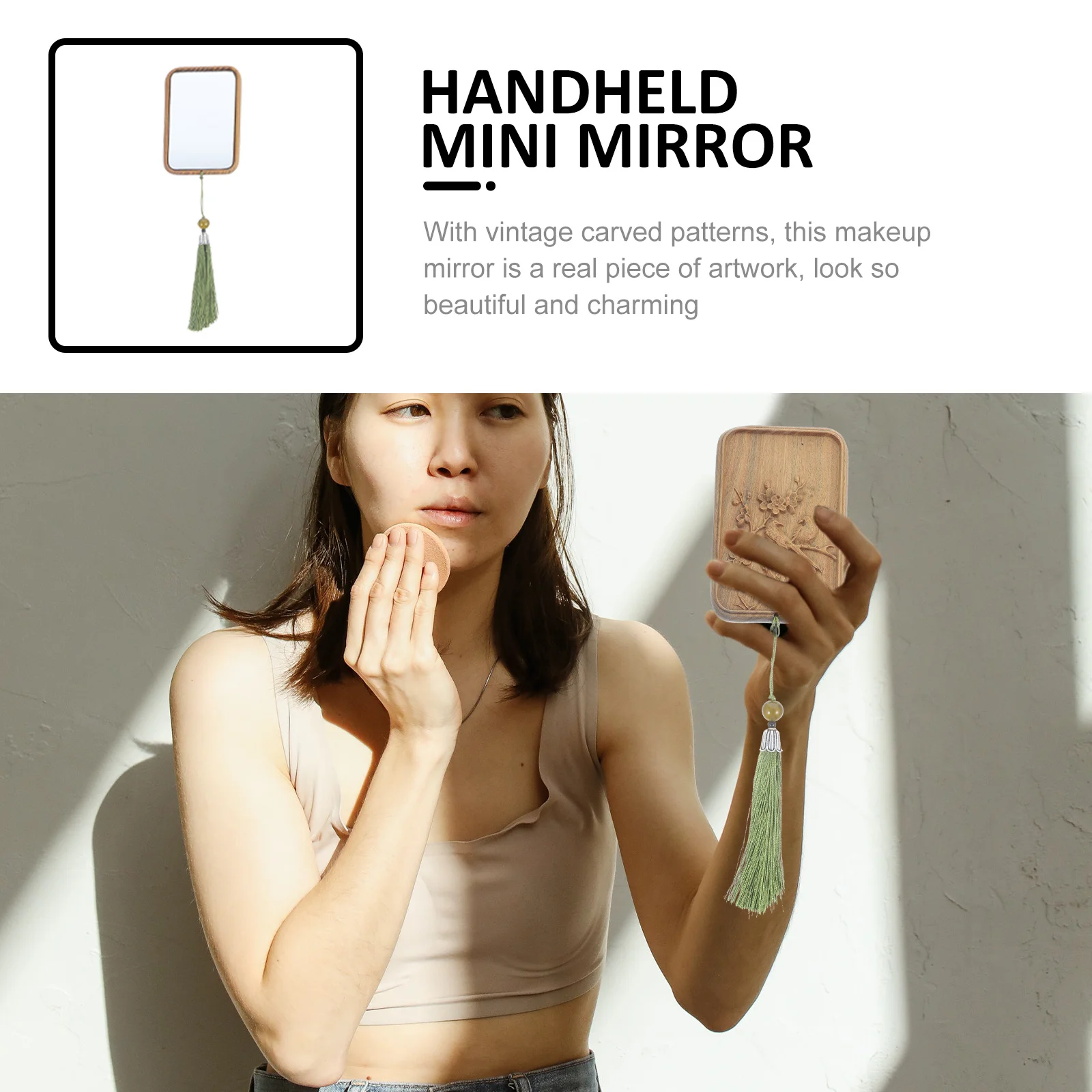 휴대용 나무 포켓 메이크업 미러 소형 컴팩트 미니 핸드헬드 각인 패턴 거울 여행 및 일상용
