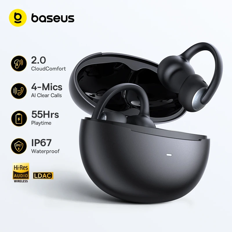 Écouteurs sans fil à oreille ouverte Baseus Bowie MC2 Bluetooth 6.0, confortables, à clipser, pour le sport, avec 4 micros, appels clairs IA, et basses amélioré
