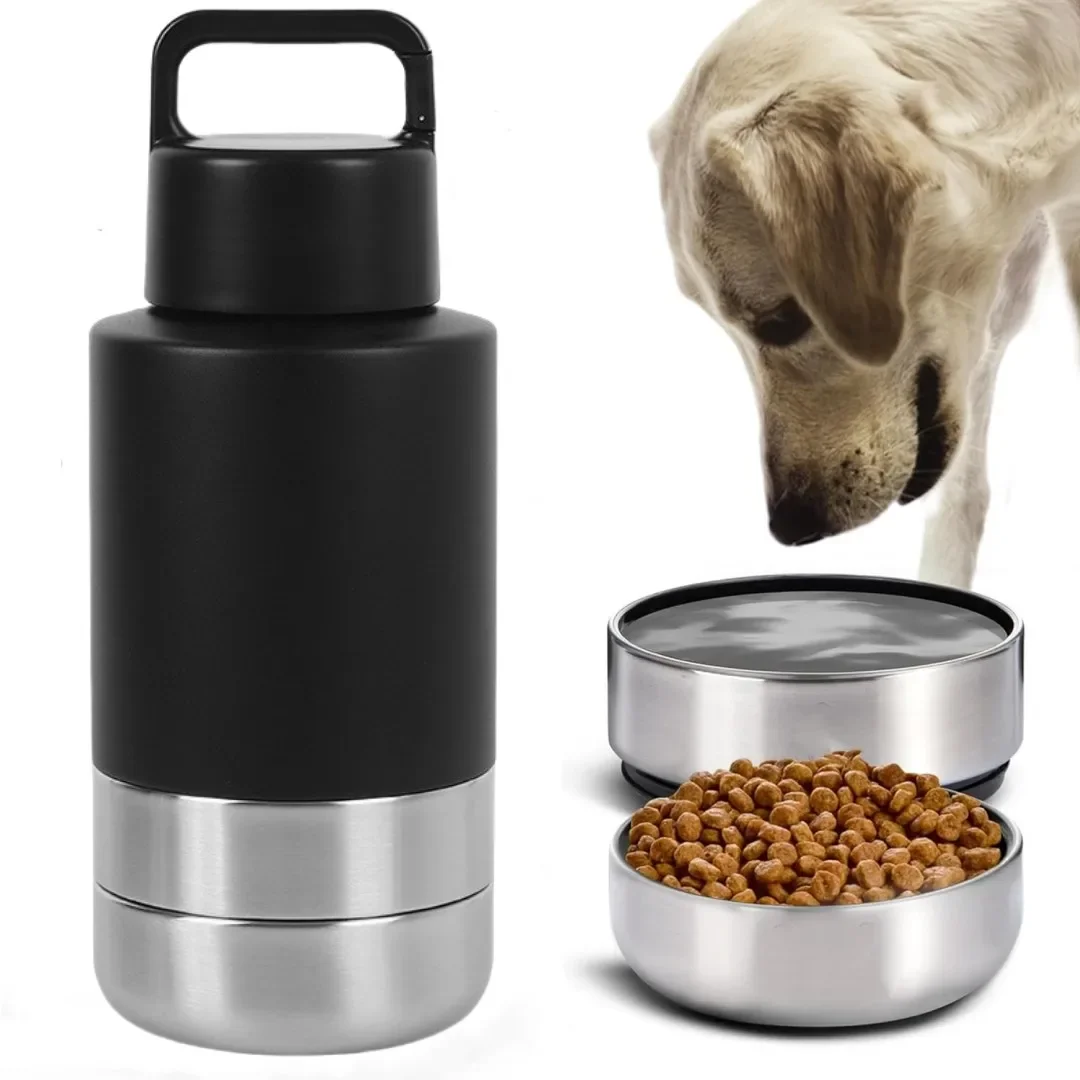 

Custom logo 3 In 1 Style 32oz Portable Stainless Steel Pet Feeder Outdoor Travel Bowl Insulated Dog Water Bottle