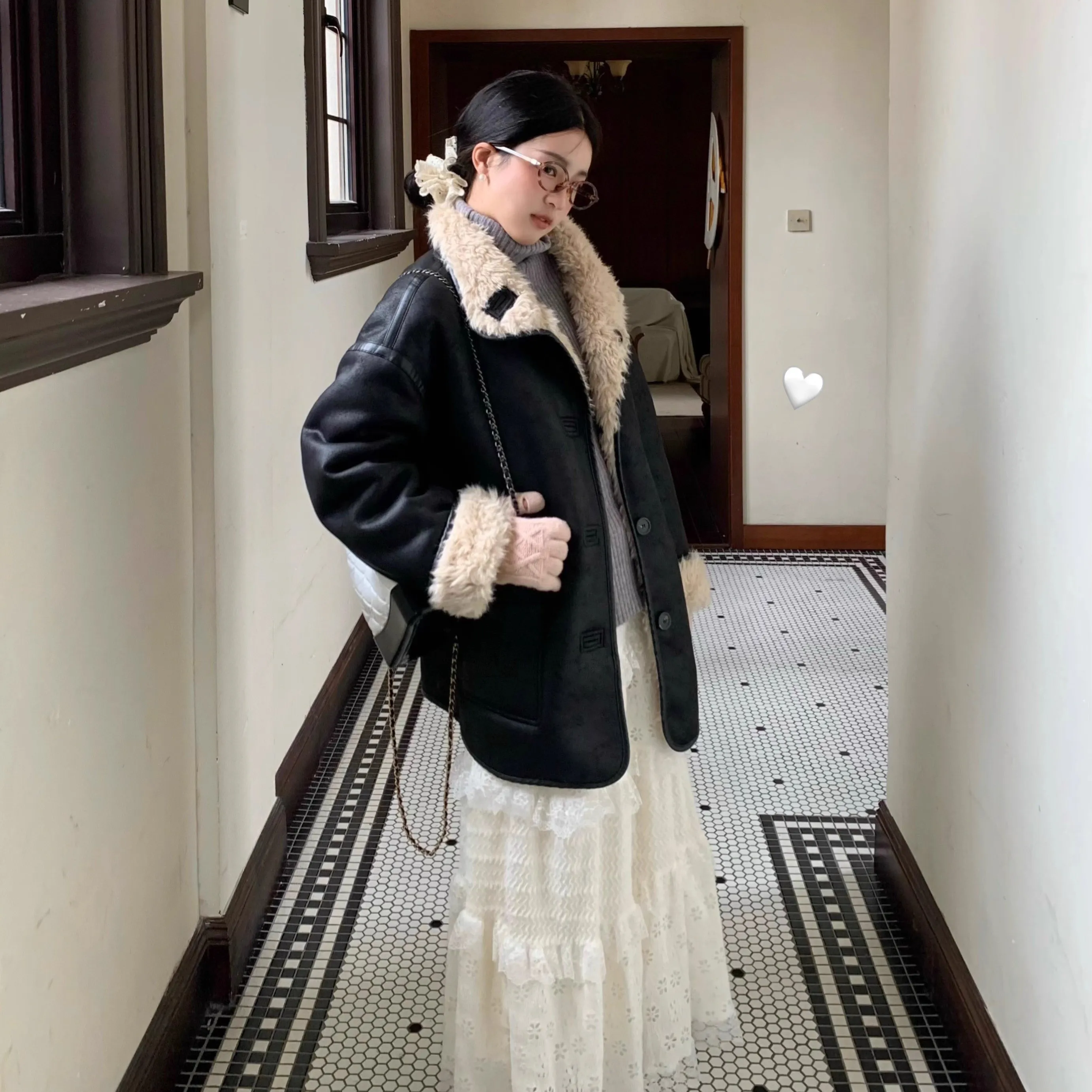 

Женское двустороннее зимнее пальто из замши и меха, свободного кроя, в стиле Sweet Sle College Trend, удлиненное, средней длины