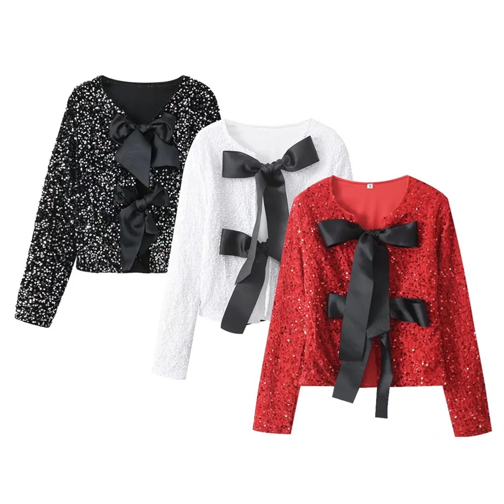 Taop&Za 2024 Early Spring New Product Women\'s Fashion and Casual Versatile Round Neck Bow Tied Sequin Coat