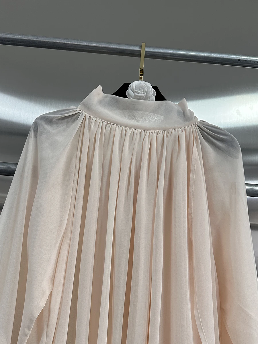 VGH Patchwork SHEER ตาข่ายหลวมเสื้อผู้หญิงคอยาวแขนยาวไม่สมมาตรความยาวกลางเสื้อหญิง