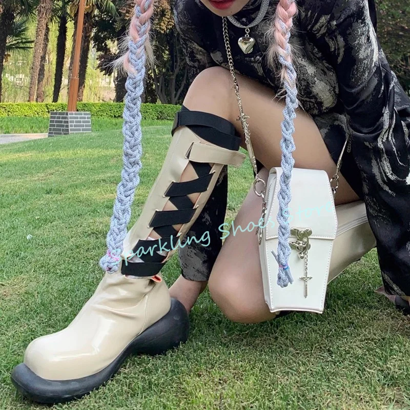 

Летние женские крутые ботинки с перекрестными ремешками, модные рыцарские ботинки на массивной платформе с квадратным носком, женские повседневные высокие сапоги на танкетке