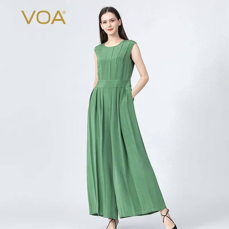 

VOA Simple O-Neck Spliced Garment Sleeves Solid Jumpersuit Women Office Ladies Wide Leg Pants Green Streetwear Jumpsuits KE626