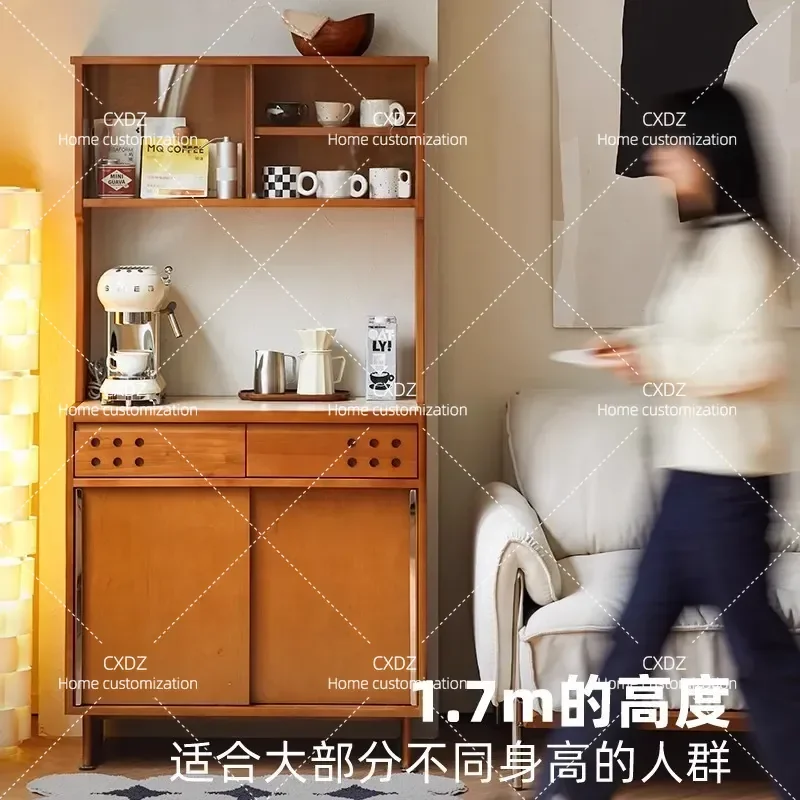 Retro Solid Wood Dining Side Cabinet with Travertine Top Small Apartment Storage Locker Multi-functional Restaurant Cupboard