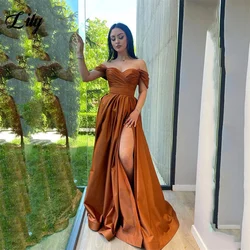 Vestidos de Noche plisados con hombros descubiertos, vestido Formal de lirio naranja quemado, línea A con abertura lateral