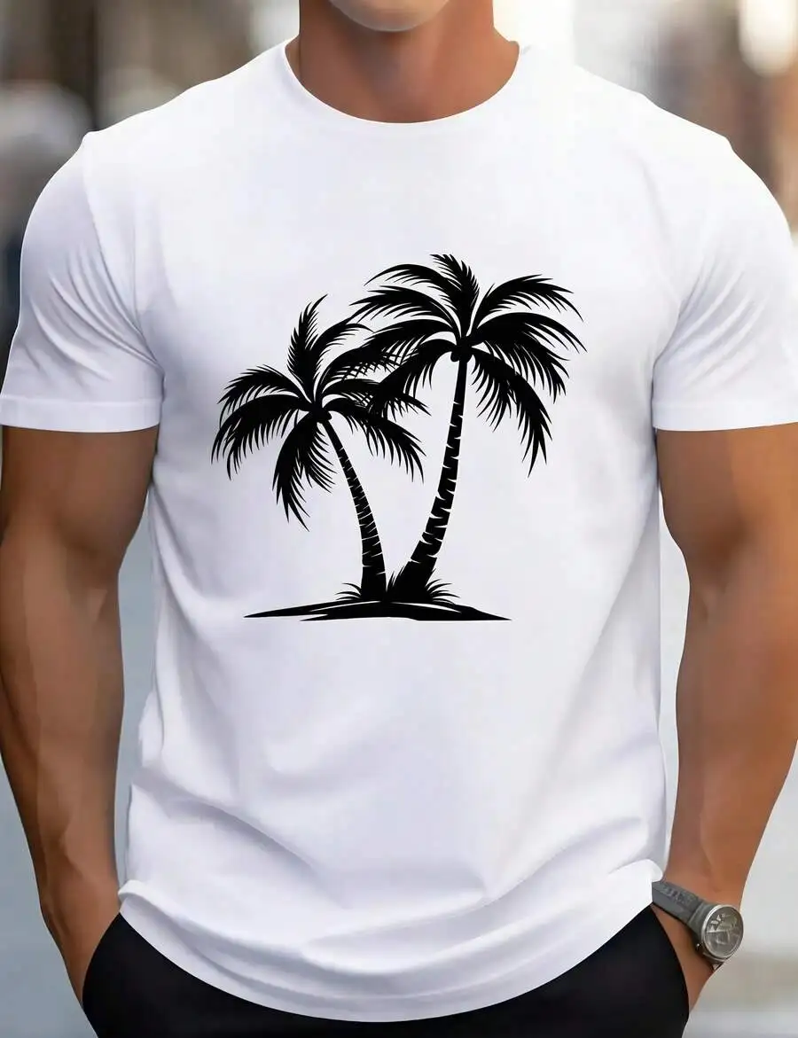 1pc Man S' Palm Tree Print White TShirt Crew Neck Casual Cotton Tee Medium Stretch Knit Fabric Regular Fit For Boys Man Perfect