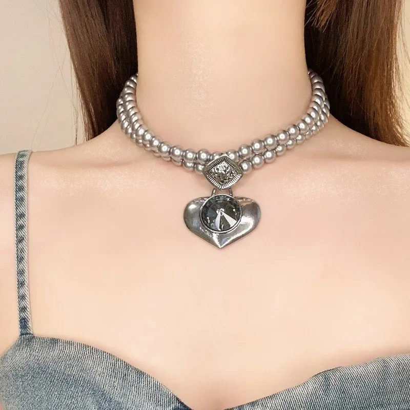 Double-layer fashionable silver bead love zirconium pendant collarbone chain niche design sweet and cool light luxury collarbone