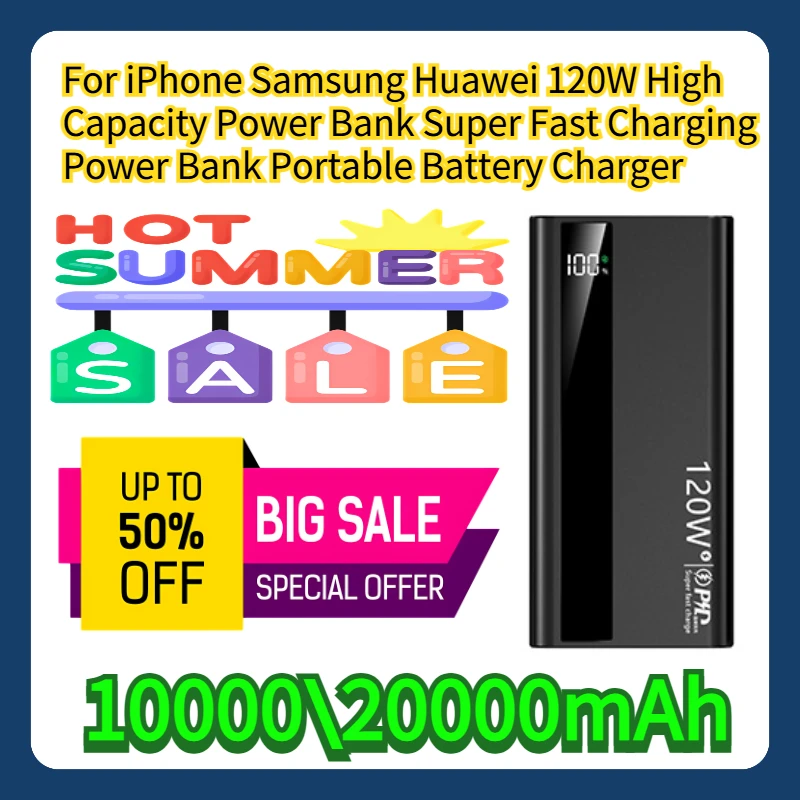 

For iPhone Samsung Huawei 120W 10000\20000mAh High Capacity Power Bank Super Fast Charging Power Bank Portable Battery Charger