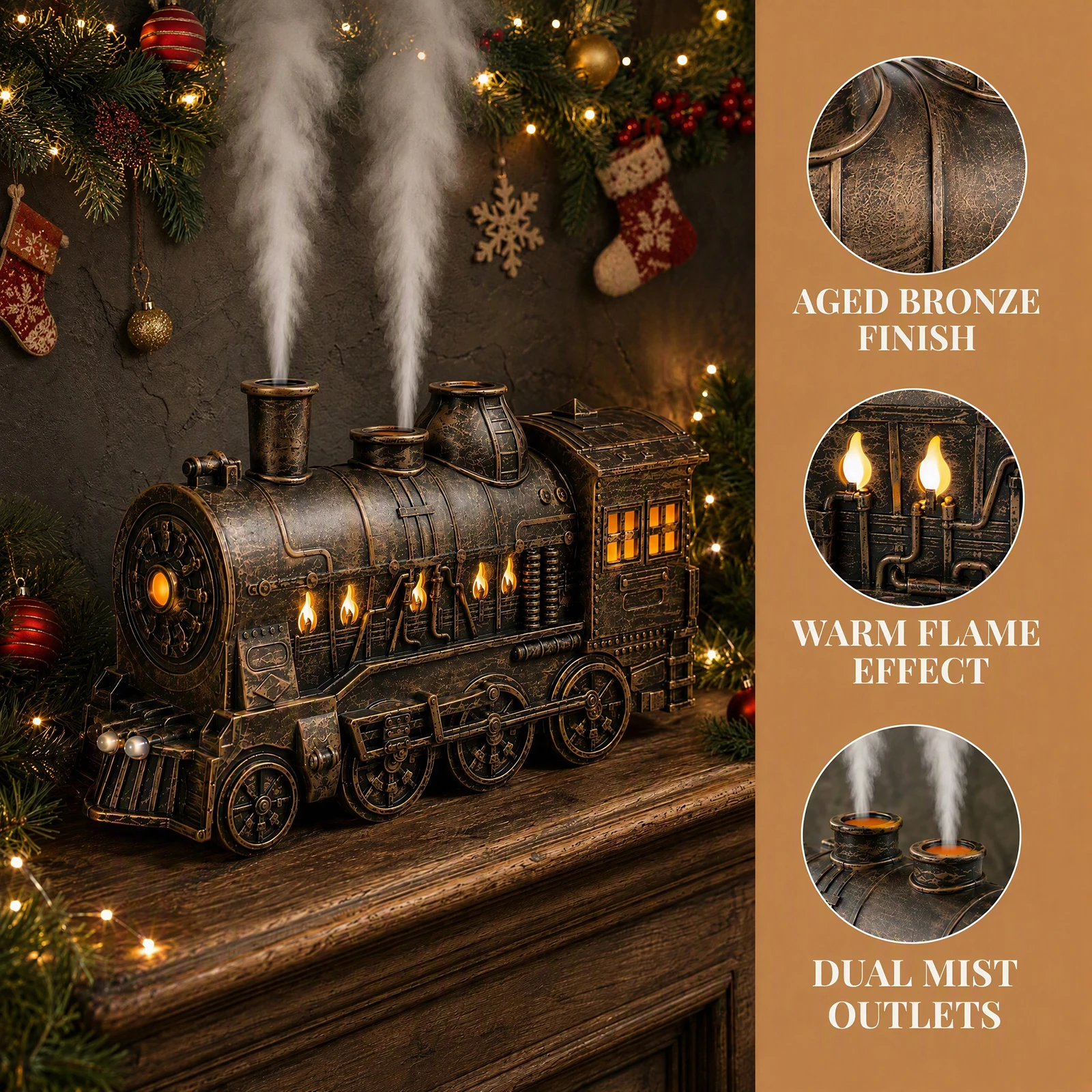 Vintage Locomotive Aromatherapy Humidifier 300ml USB Ultrasonic Diffuser Dual LED Auto Shut-off